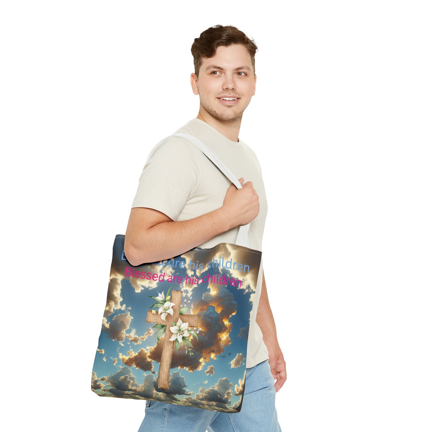 Religious Tote Bag with Flower Cross Design