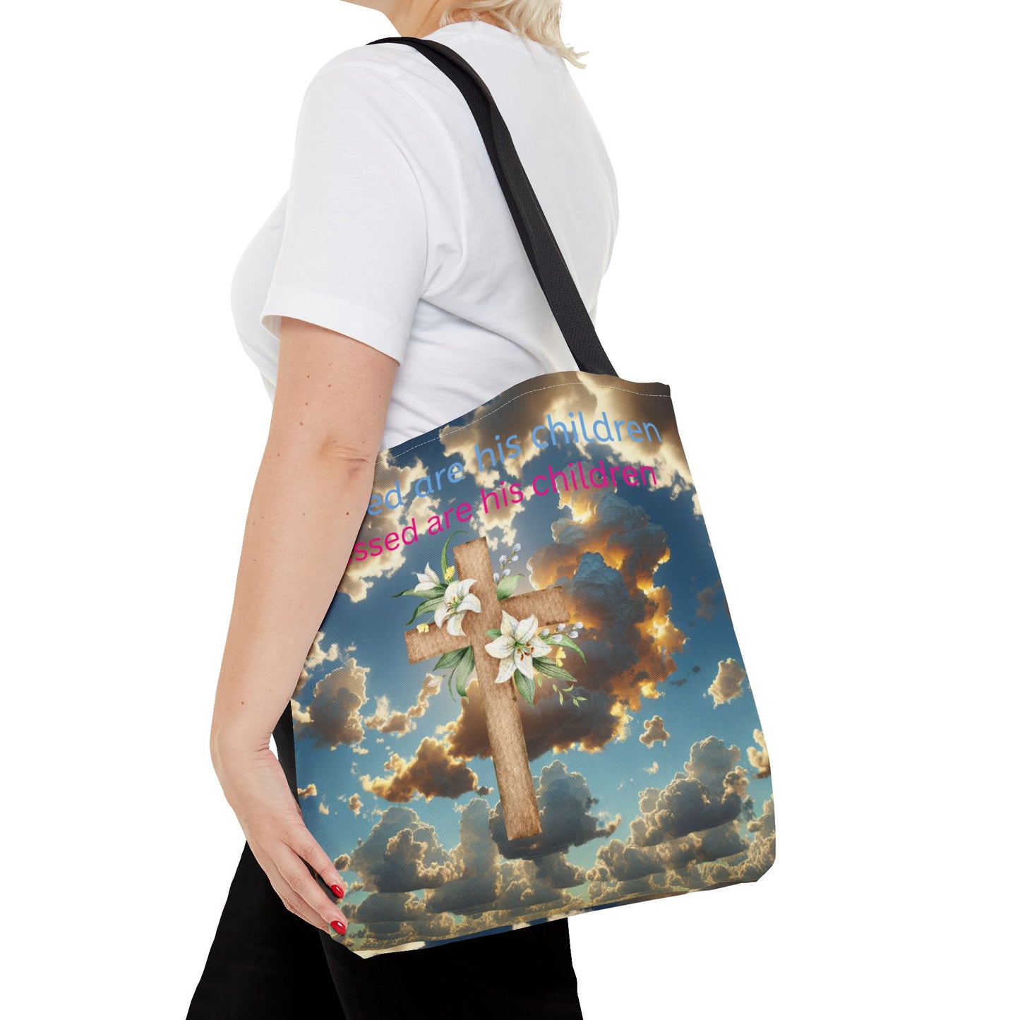 Religious Tote Bag with Flower Cross Design
