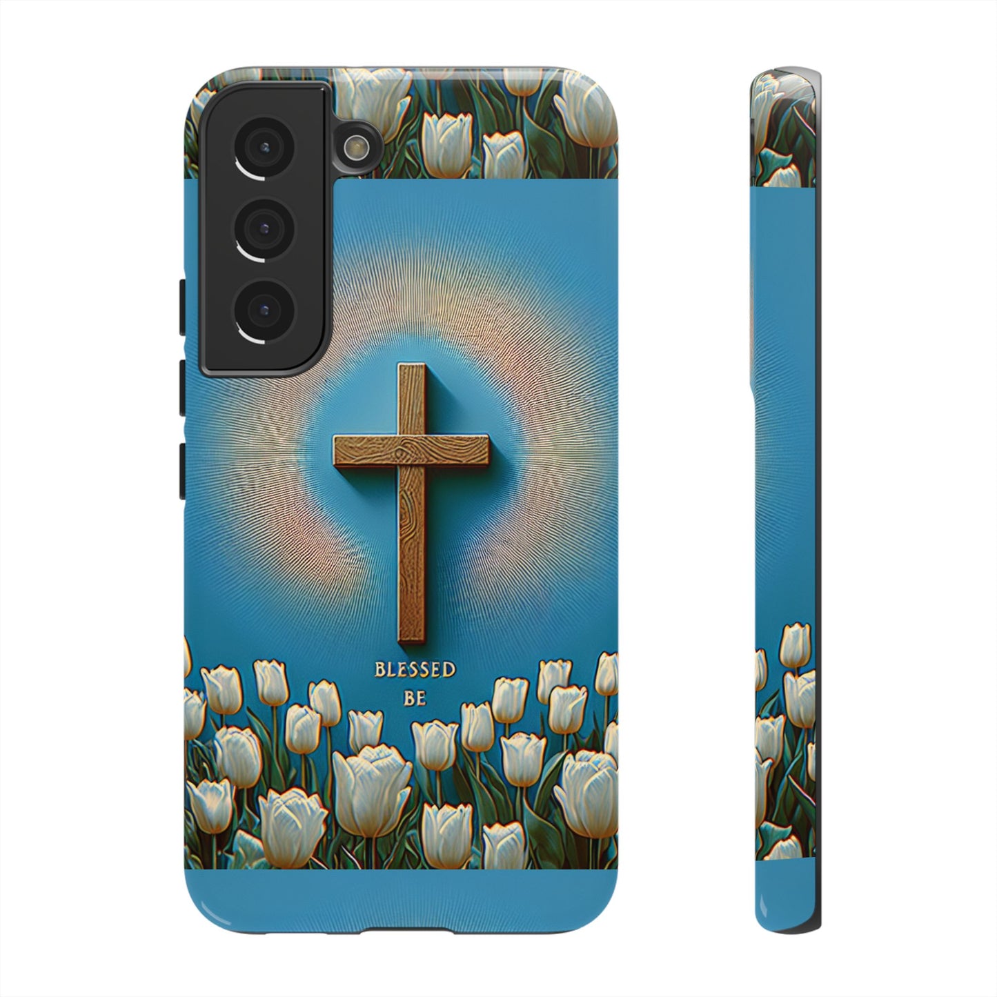 Phone Case, Cross Surrounded by Tulips Blessed Be Design
