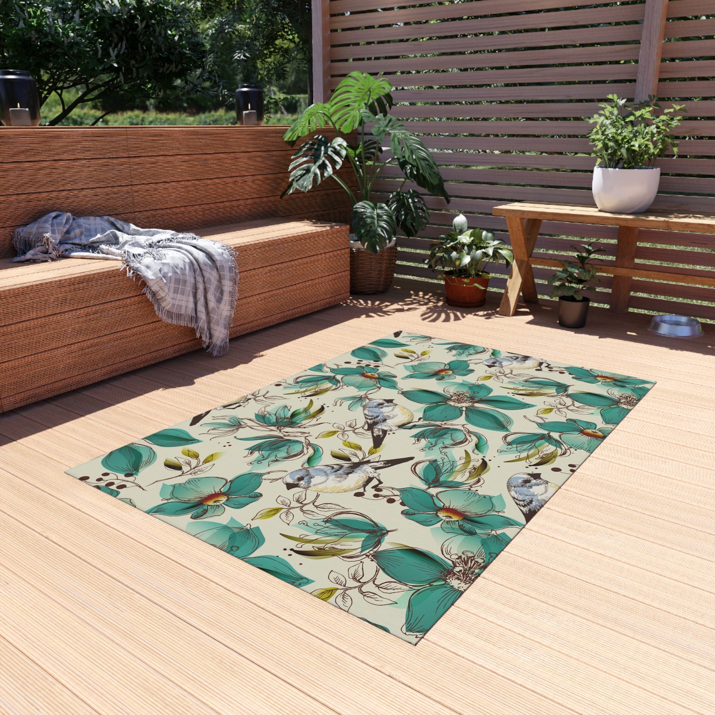 Floral Bird Outdoor Rug - Patio Decor for Spring and Summer