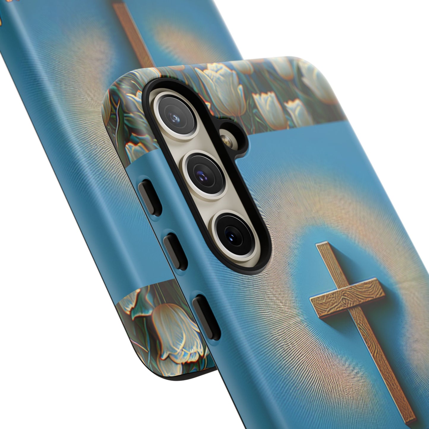 Phone Case, Cross Surrounded by Tulips Blessed Be Design