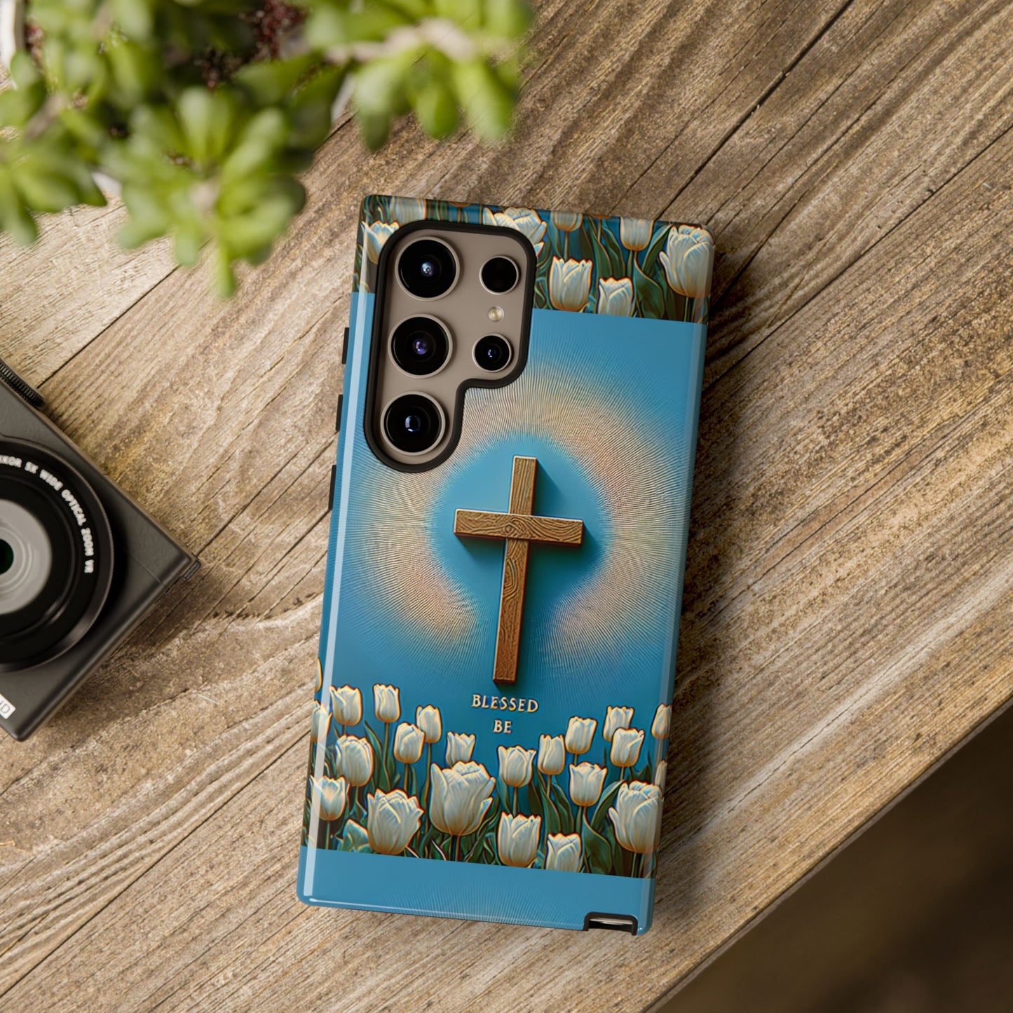Phone Case, Cross Surrounded by Tulips Blessed Be Design