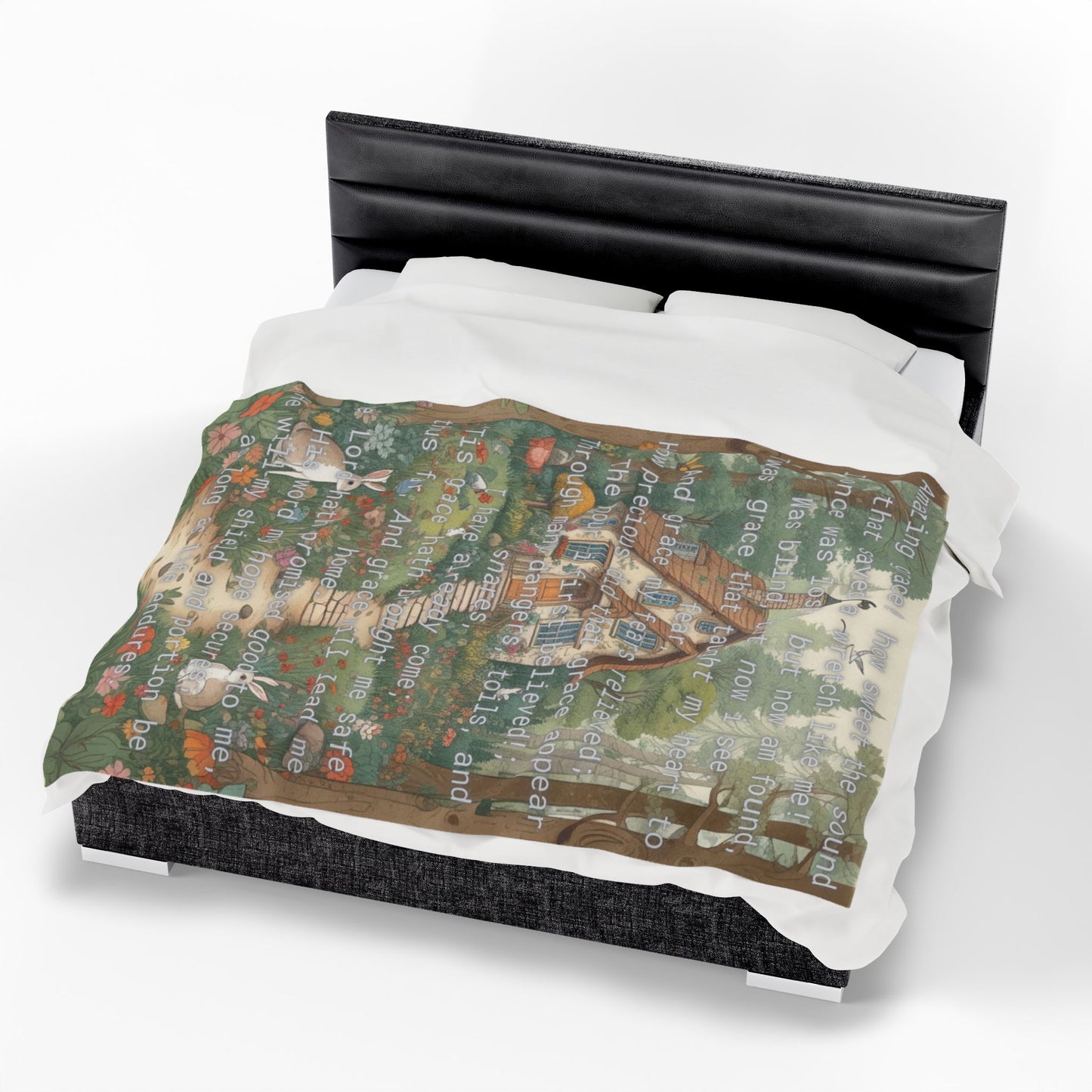 Velveteen Plush Blanket - Amazing Grace Song Lyrics Cottage in the Woods Nature Animals Cozy
