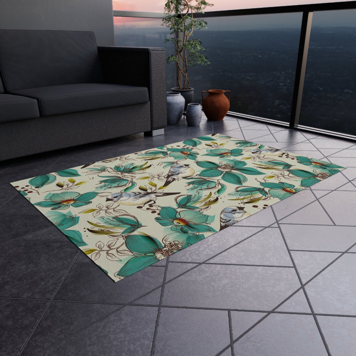 Floral Bird Outdoor Rug - Patio Decor for Spring and Summer