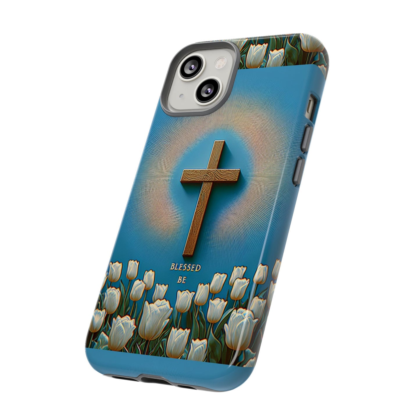 Phone Case, Cross Surrounded by Tulips Blessed Be Design