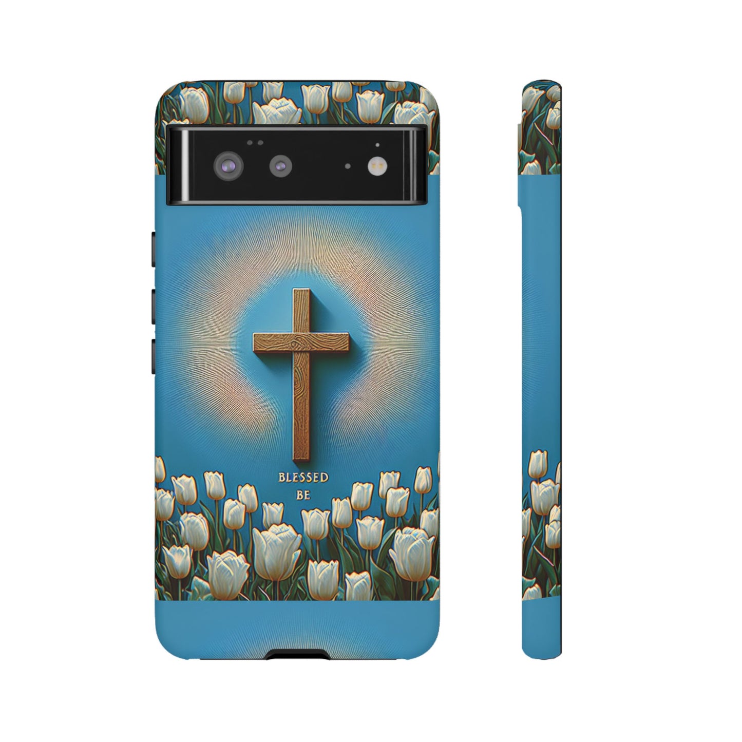 Phone Case, Cross Surrounded by Tulips Blessed Be Design