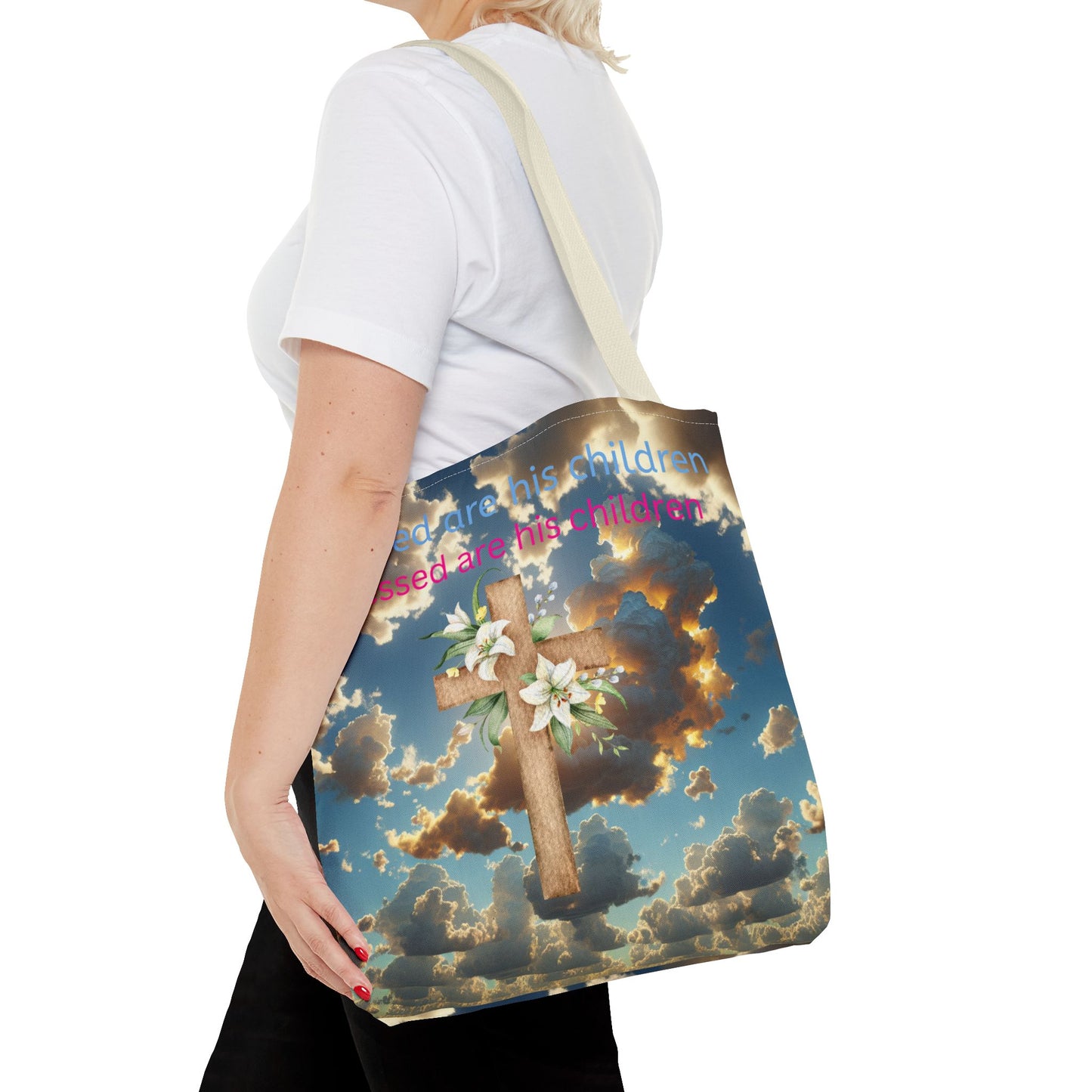 Religious Tote Bag with Flower Cross Design
