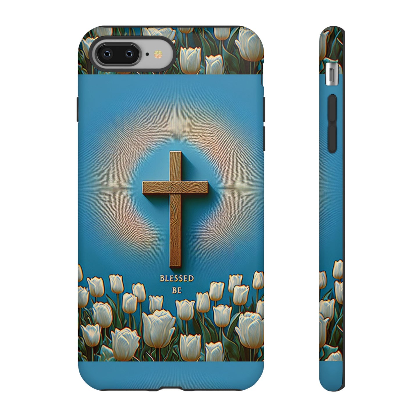 Phone Case, Cross Surrounded by Tulips Blessed Be Design