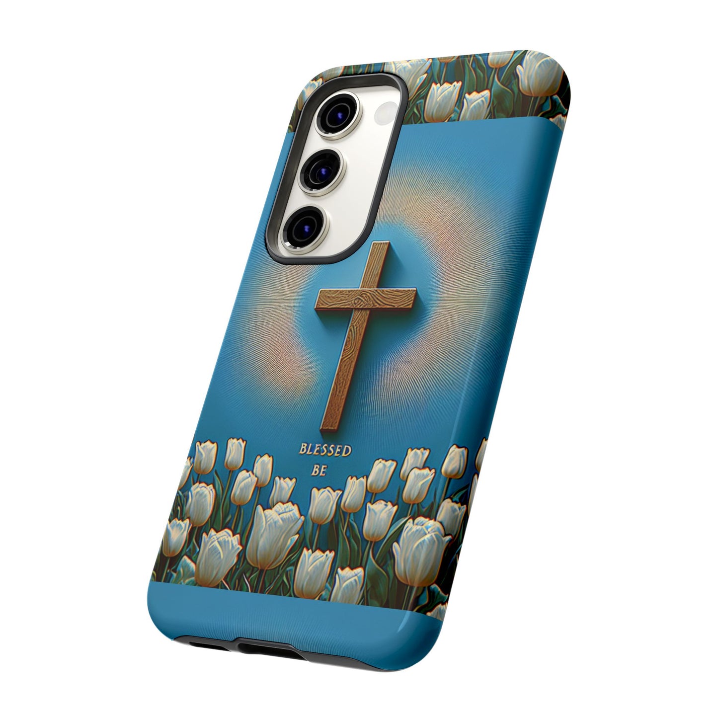 Phone Case, Cross Surrounded by Tulips Blessed Be Design