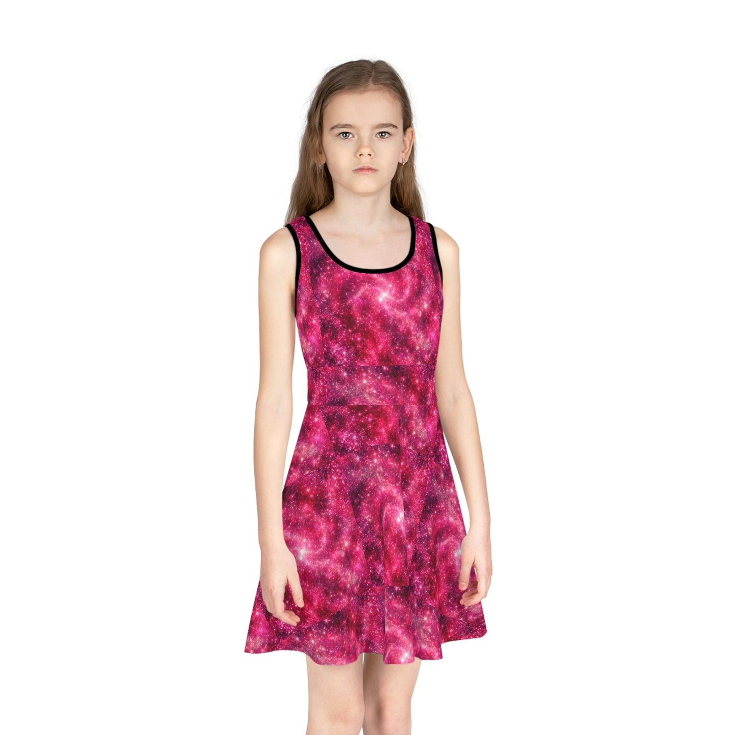 Cosmic Pink Girls' Sleeveless Sundress - Galaxy Print for Summer Fun