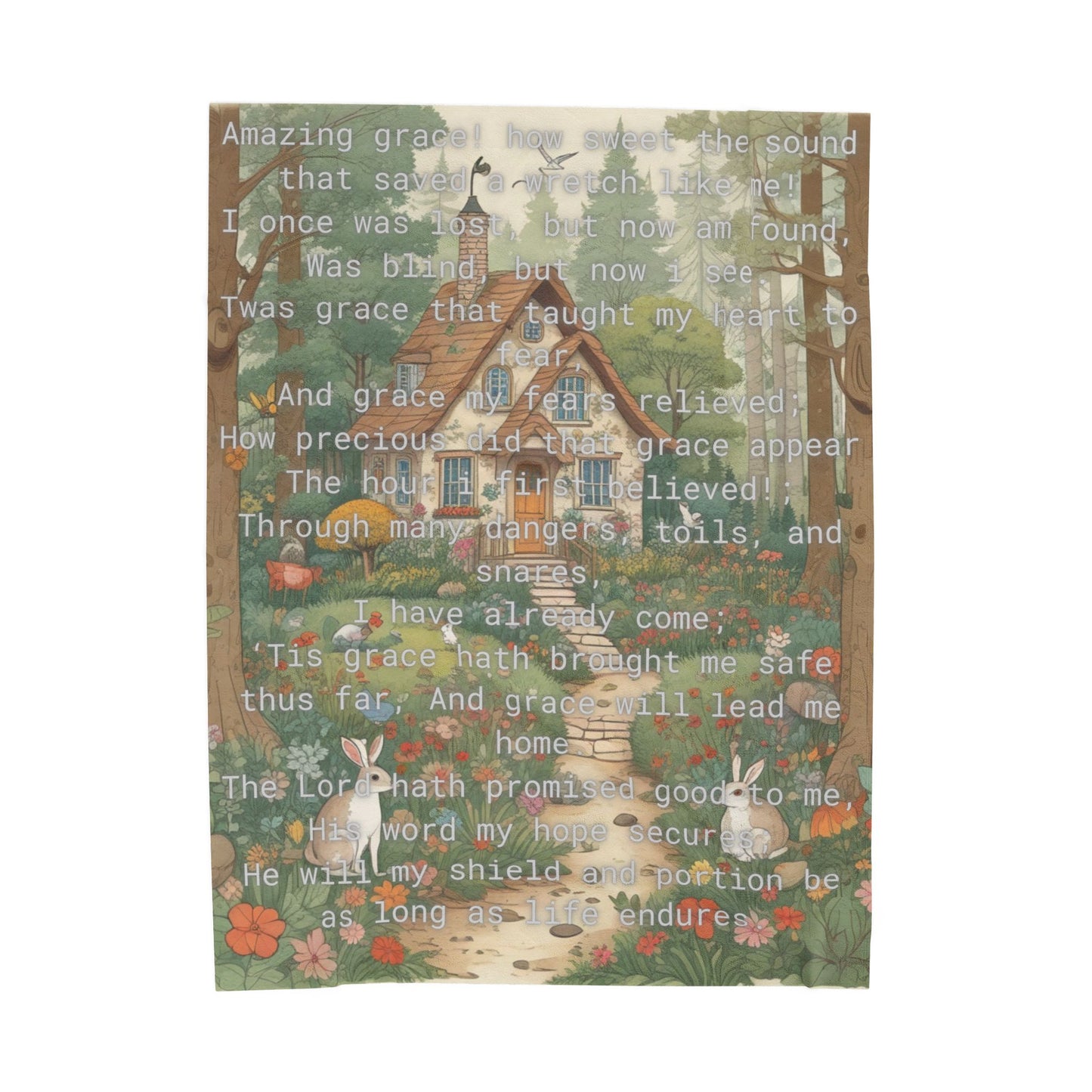 Velveteen Plush Blanket - Amazing Grace Song Lyrics Cottage in the Woods Nature Animals Cozy