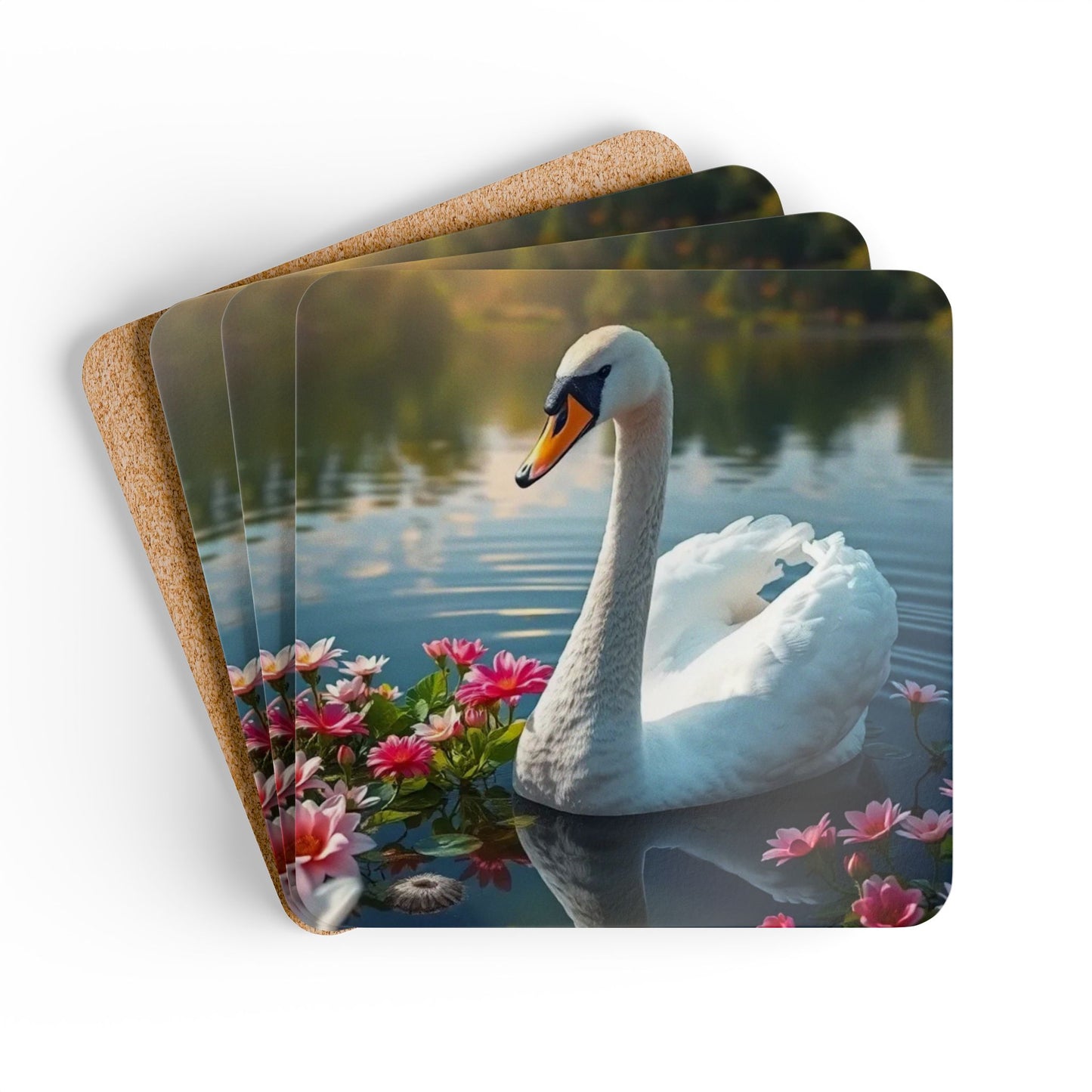 Elegant Swan Corkwood Coaster Set - Nature-Inspired Home Decor