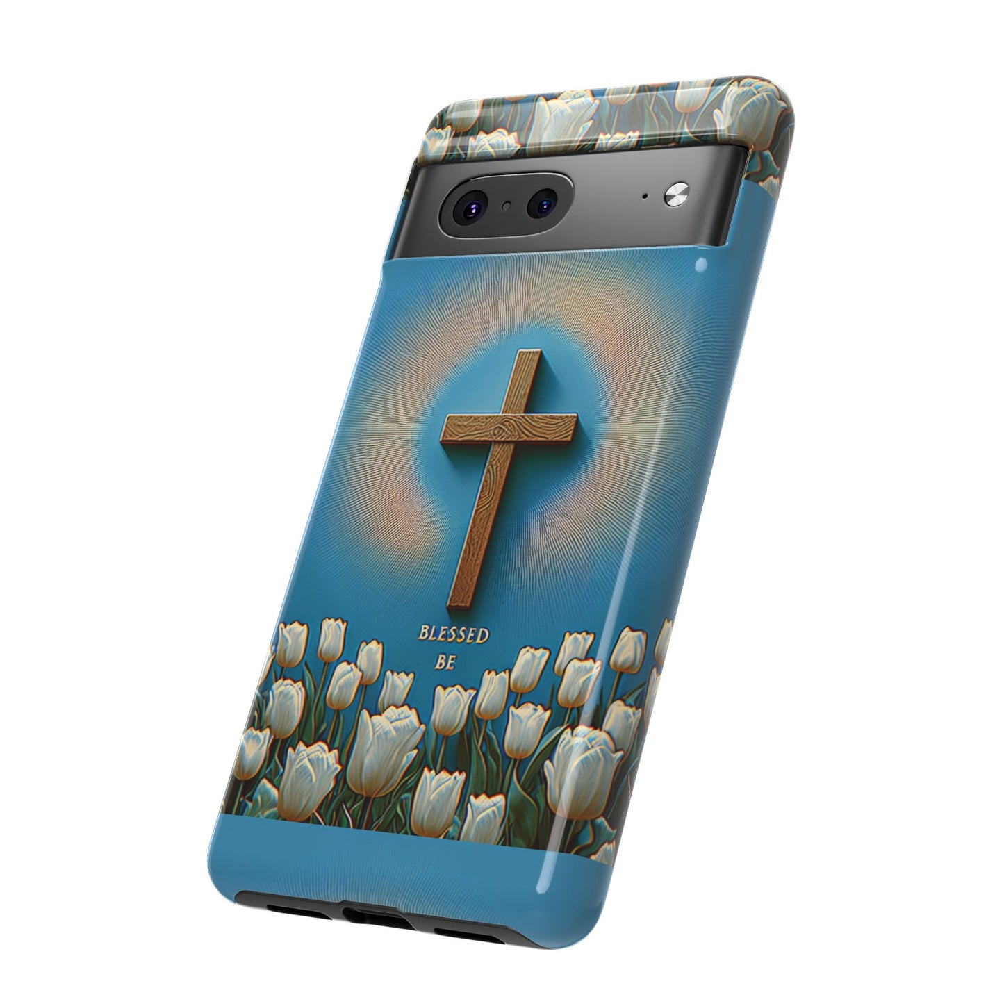 Phone Case, Cross Surrounded by Tulips Blessed Be Design