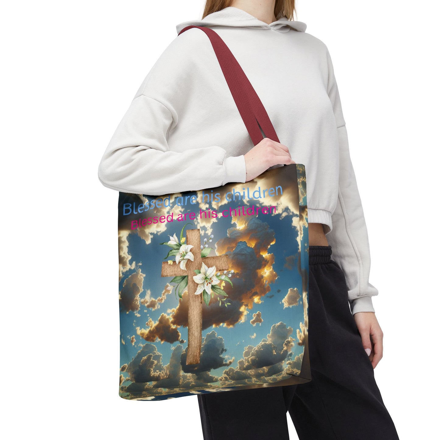 Religious Tote Bag with Flower Cross Design