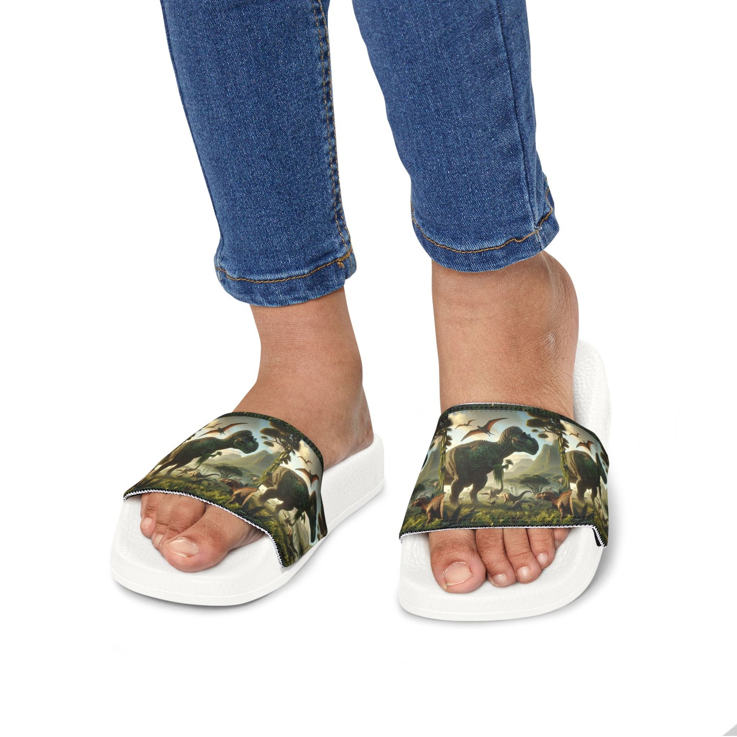 Youth Dinosaur Print Sandals - Removable Strap Slip-Ons for Summer Fun