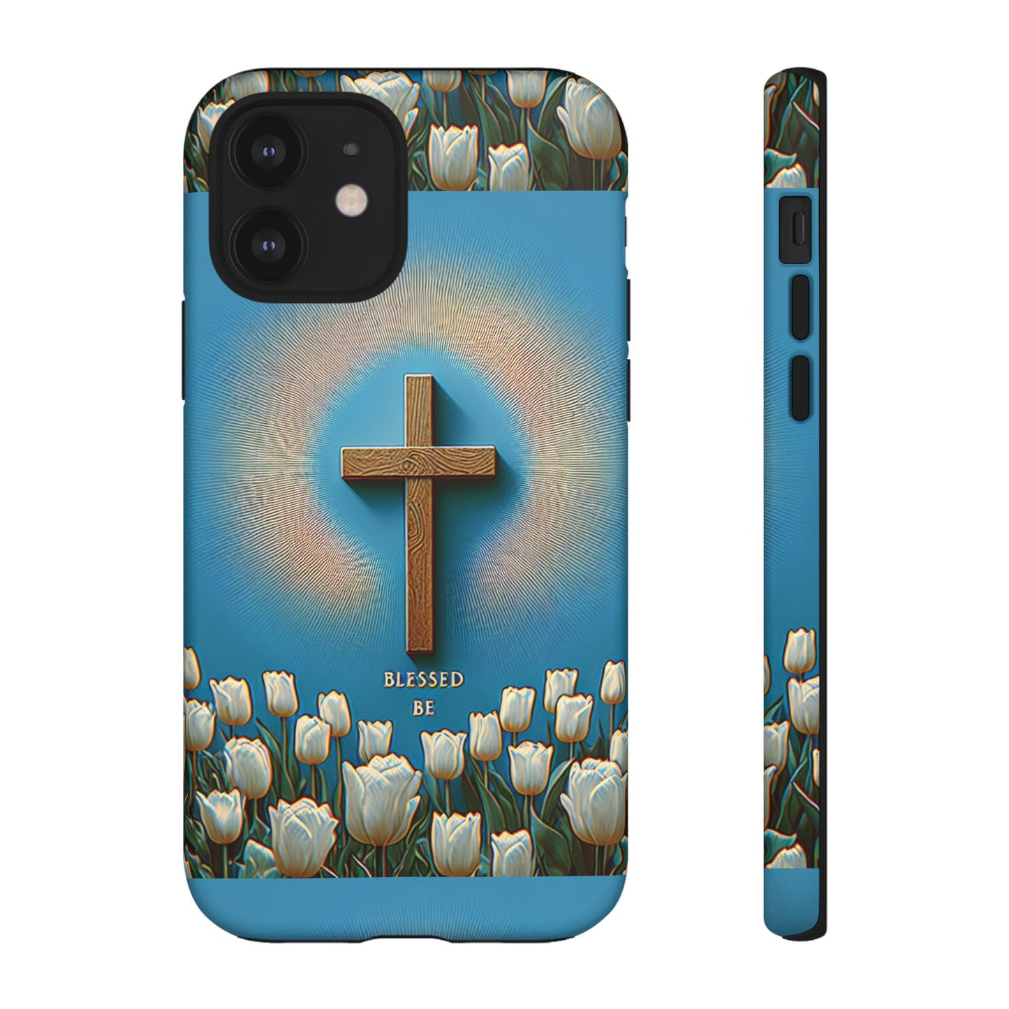 Phone Case, Cross Surrounded by Tulips Blessed Be Design