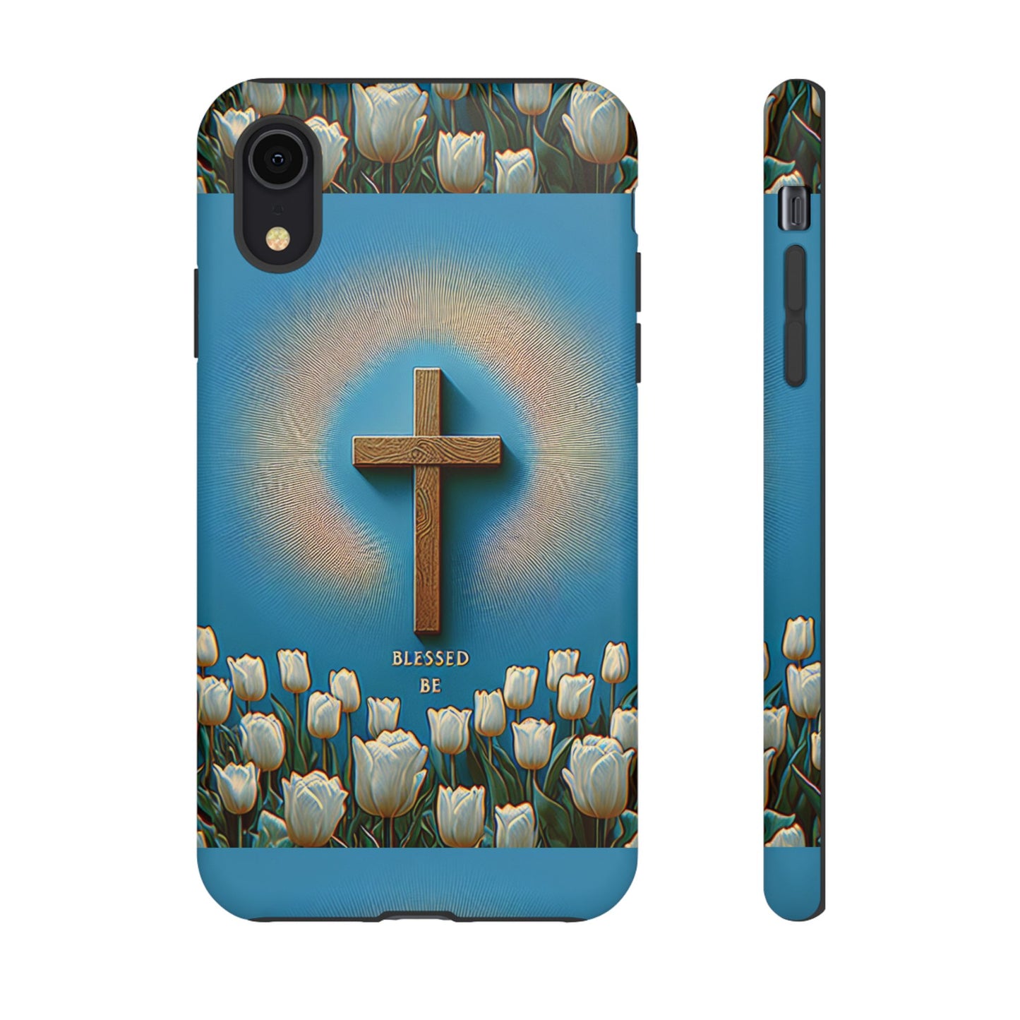 Phone Case, Cross Surrounded by Tulips Blessed Be Design