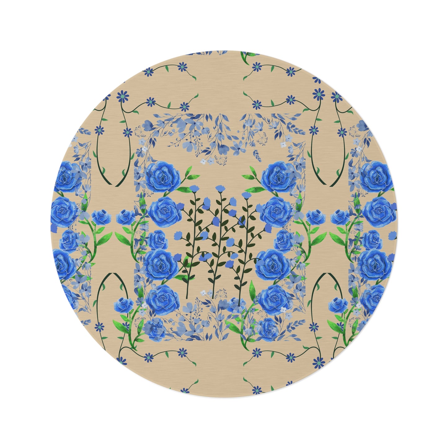Blue Floral Round Rug — Blooming Flower Pattern Accent Rug