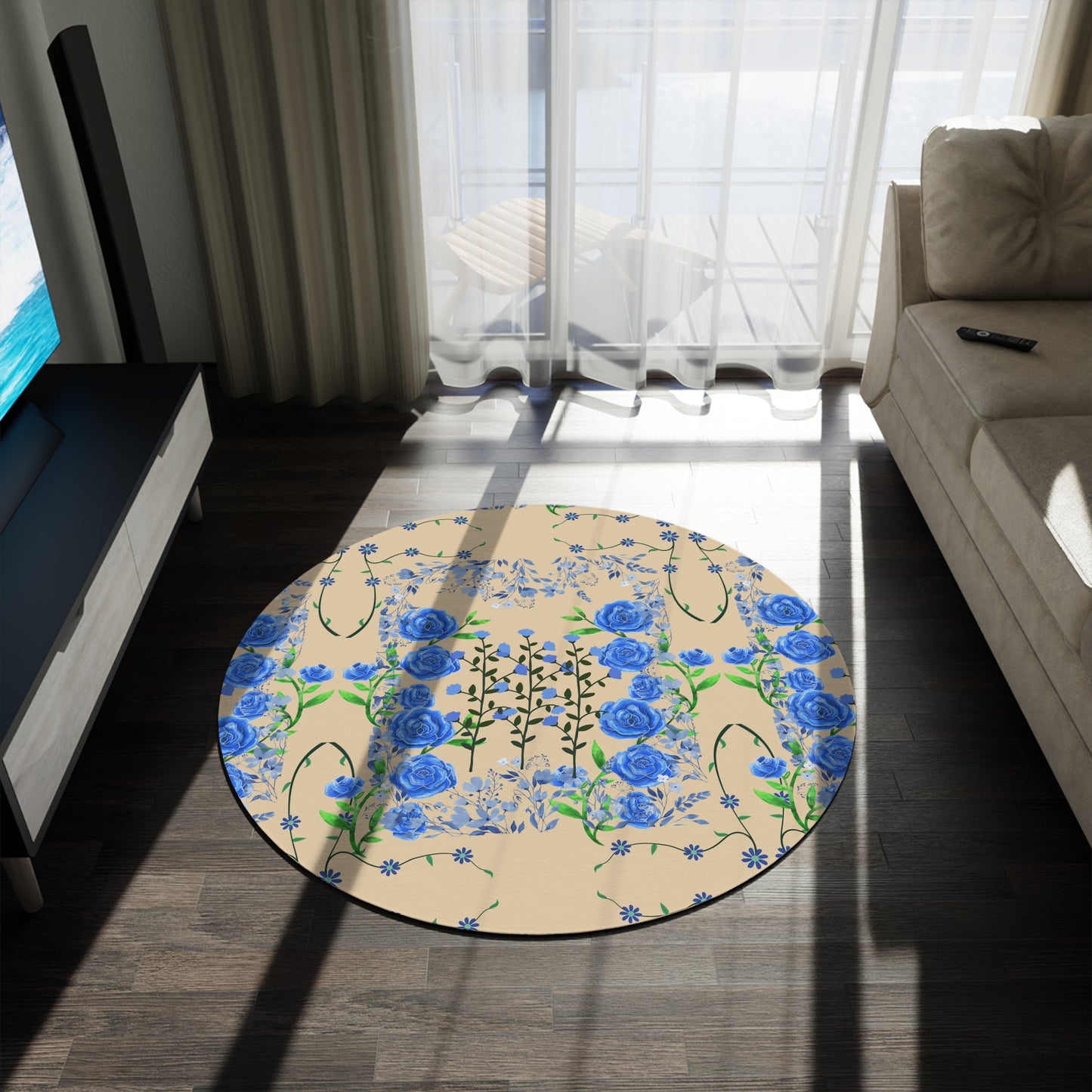 Blue Floral Round Rug — Blooming Flower Pattern Accent Rug