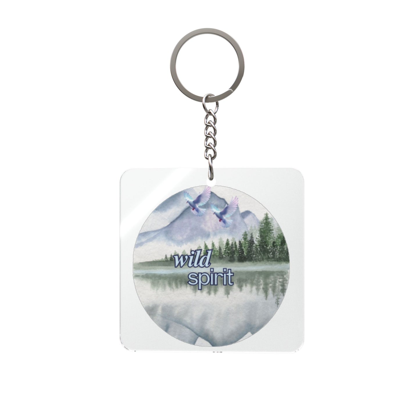 Wild Spirit Square Keychain — Mountain Lake Reflection Travel Charm