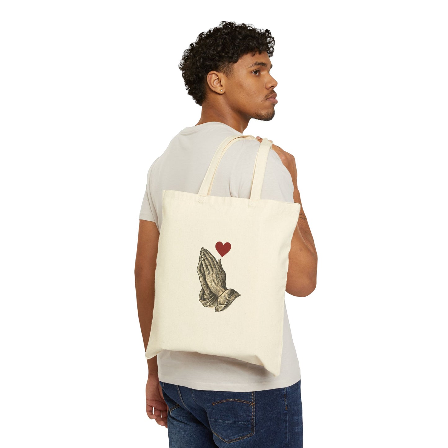 Tote Bag — "Yes Jesus Loves Me, He Loves You As Well" Christian Canvas Tote with Praying Hands & Heart