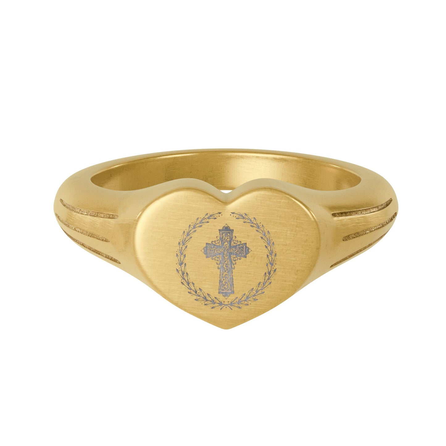 Heart Signet Ring — Gold Stainless Steel Engraved Cross