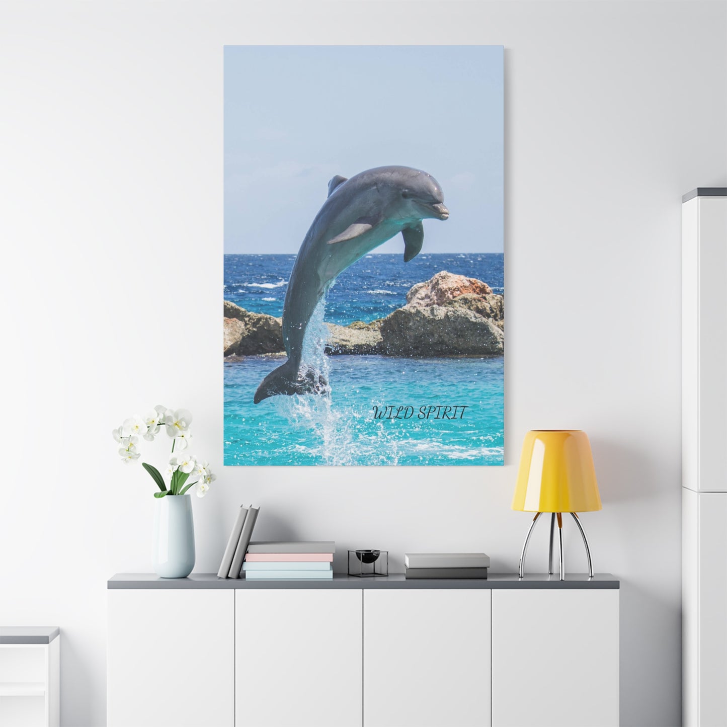 Canvas Print Dolphin Jumping Out of Water on Sunny Day