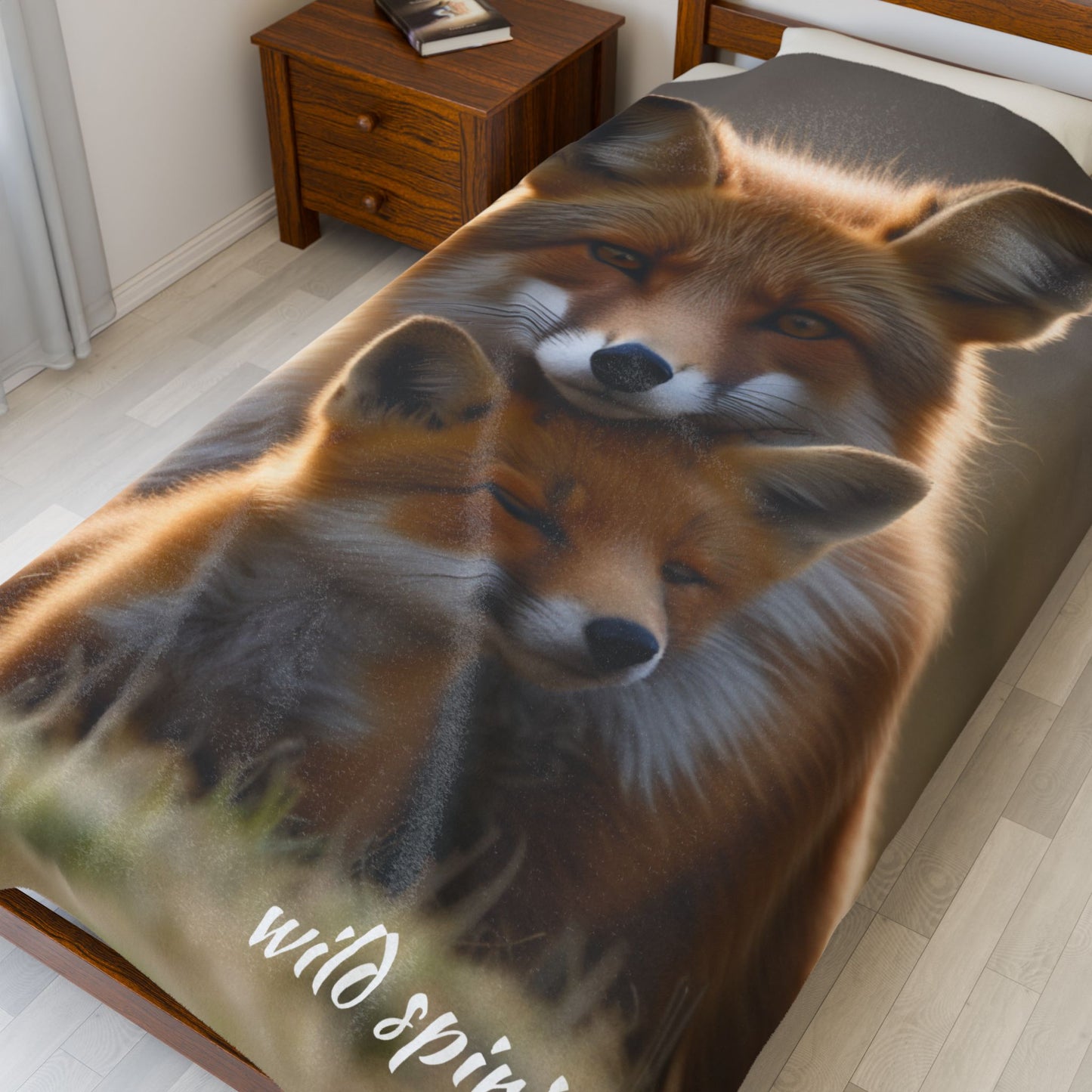 Velveteen Plush Blanket - Mama Fox and Baby Fox Snuggle Design