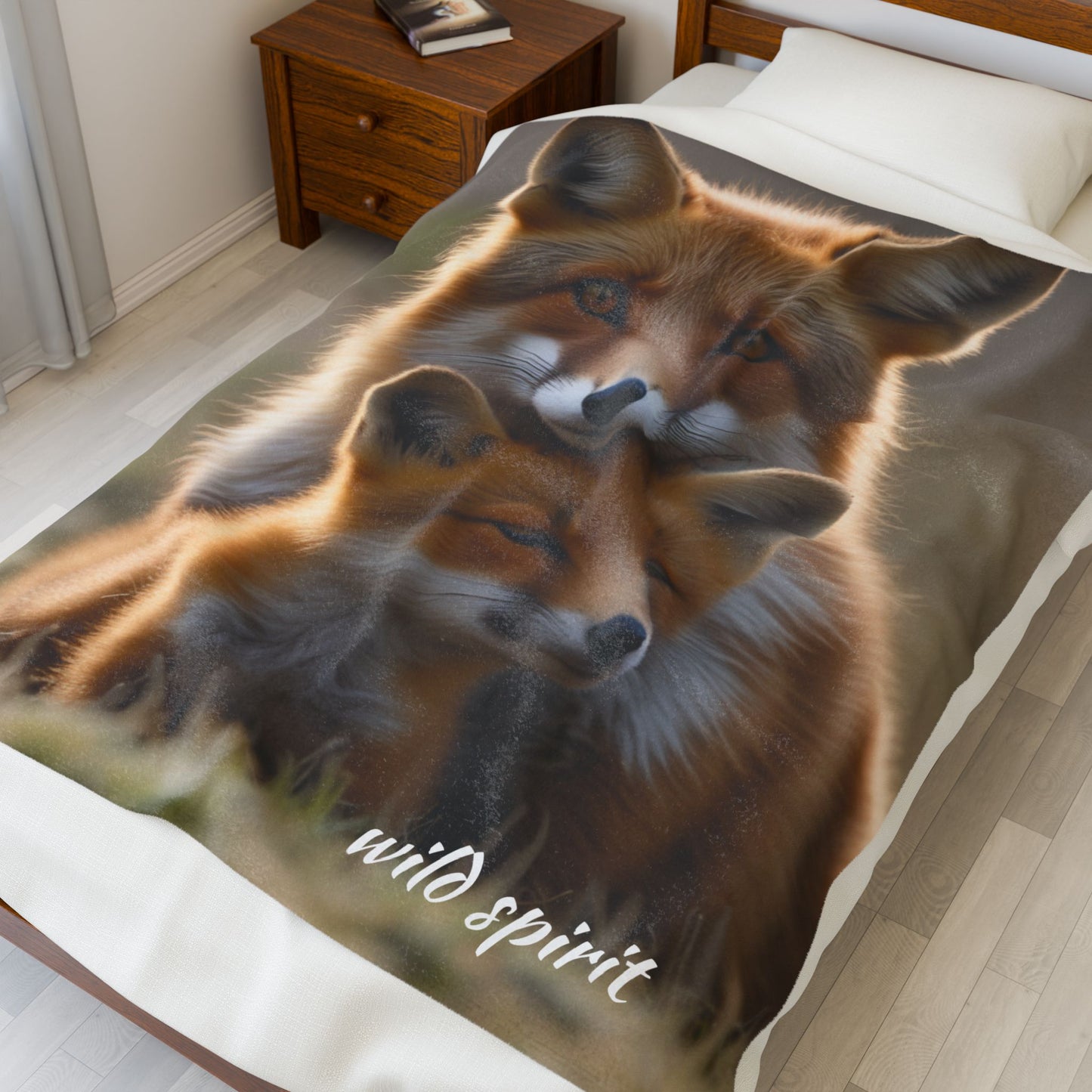 Velveteen Plush Blanket - Mama Fox and Baby Fox Snuggle Design