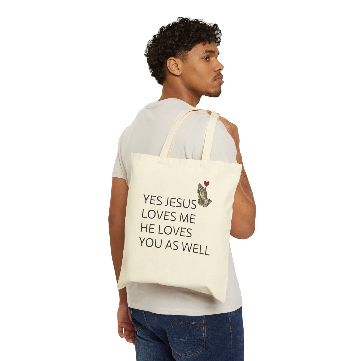 Tote Bag — "Yes Jesus Loves Me, He Loves You As Well" Christian Canvas Tote with Praying Hands & Heart