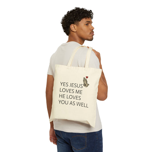 Tote Bag — "Yes Jesus Loves Me, He Loves You As Well" Christian Canvas Tote with Praying Hands & Heart