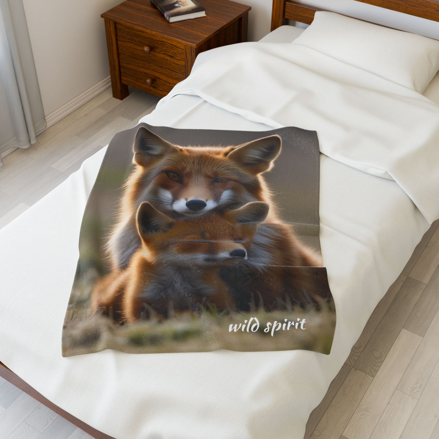 Velveteen Plush Blanket - Mama Fox and Baby Fox Snuggle Design
