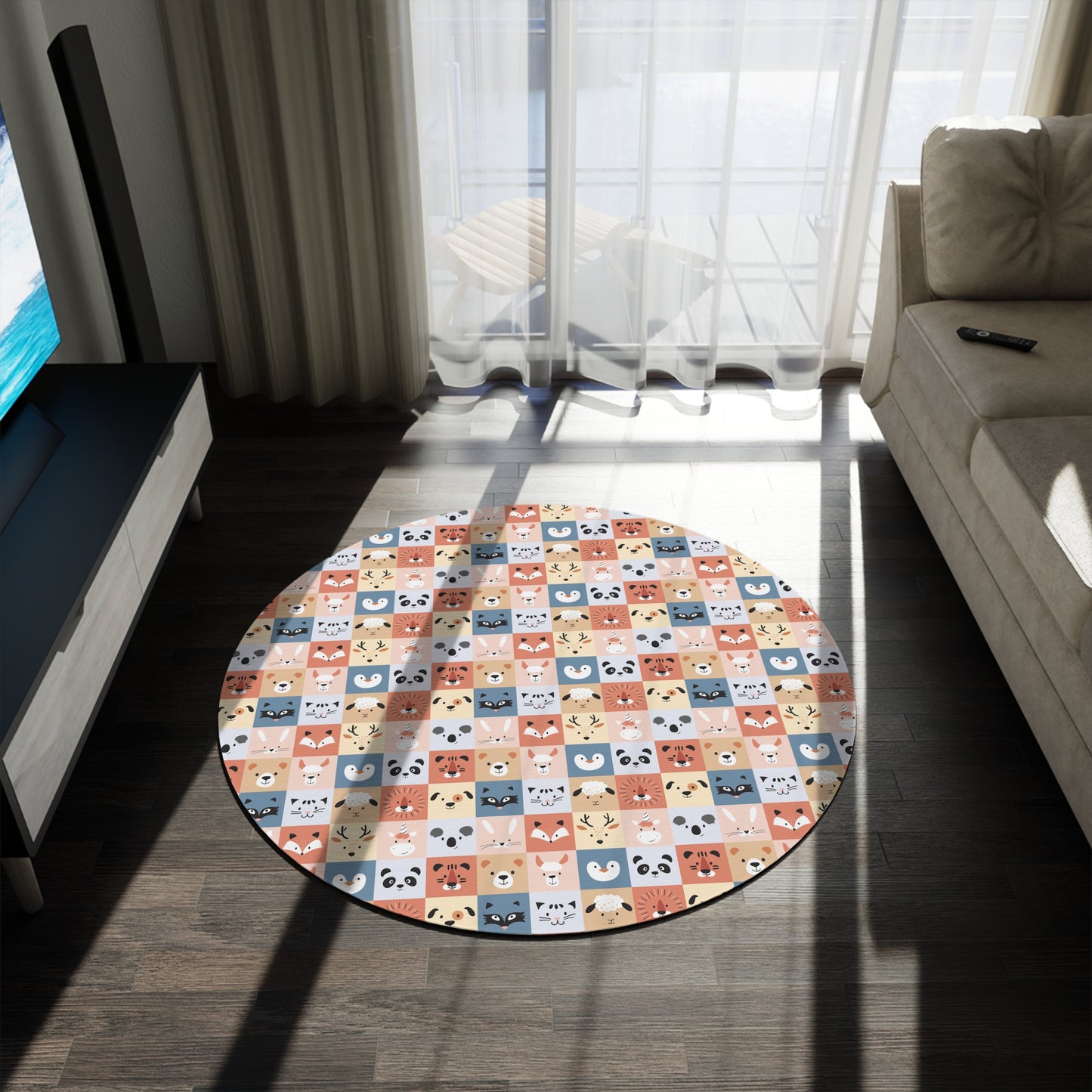 Cute Animal Patchwork Round Rug — Kids Playroom Nursery Floor Mat