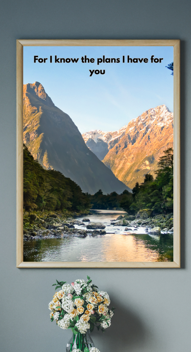 Jeremiah 29:11 Mountain Lake Scripture Print – Peaceful Forest Landscape