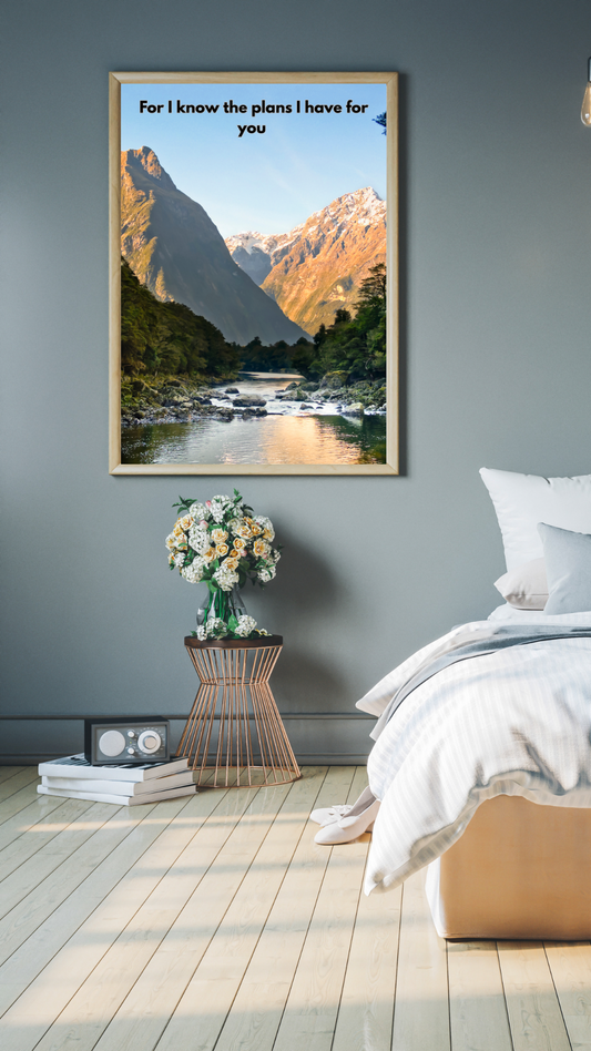 Jeremiah 29:11 Mountain Lake Scripture Print – Peaceful Forest Landscape