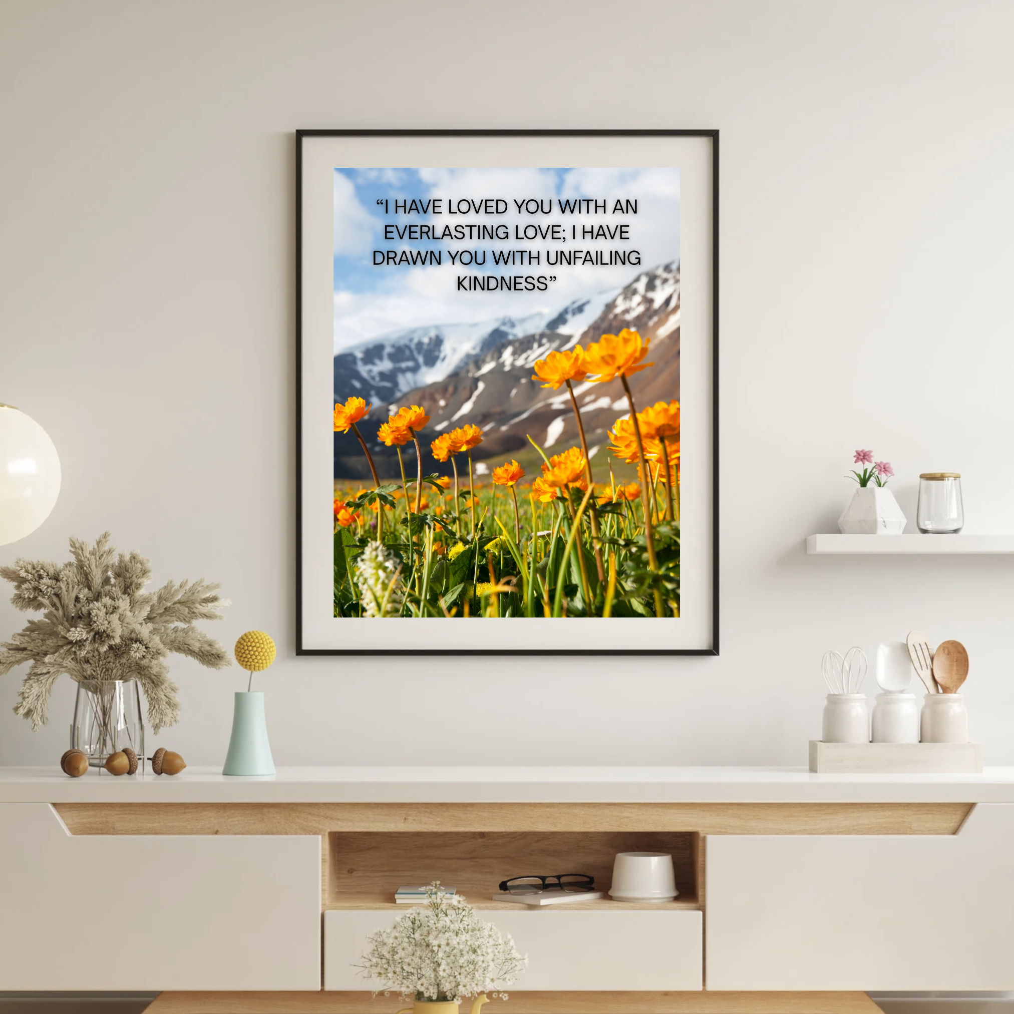 Jeremiah 31:3 Inspirational Scripture Print – Wildflower Mountain Scene
