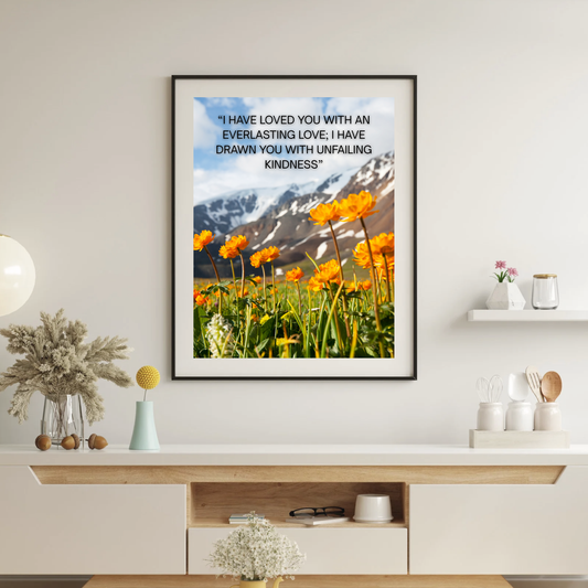 Jeremiah 31:3 Inspirational Scripture Print – Wildflower Mountain Scene